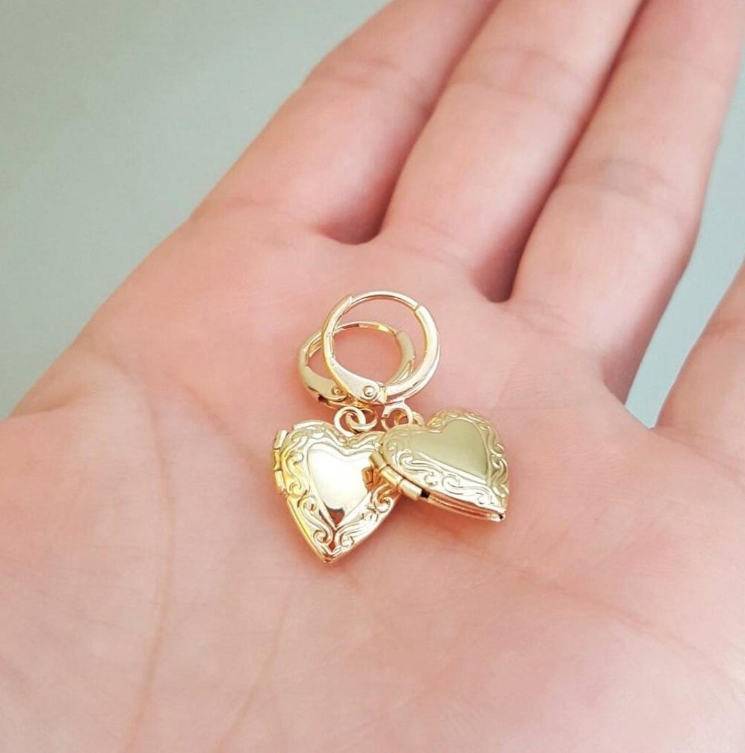 Gold Plated Heart Locket Charm Huggie Hoops, Openable Lockets, Handmade ...