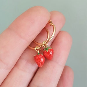 Enamel Strawberry Charm Hoop Earrings, 18K Gold Plated Charm Hoops, Handmade by Detail London.