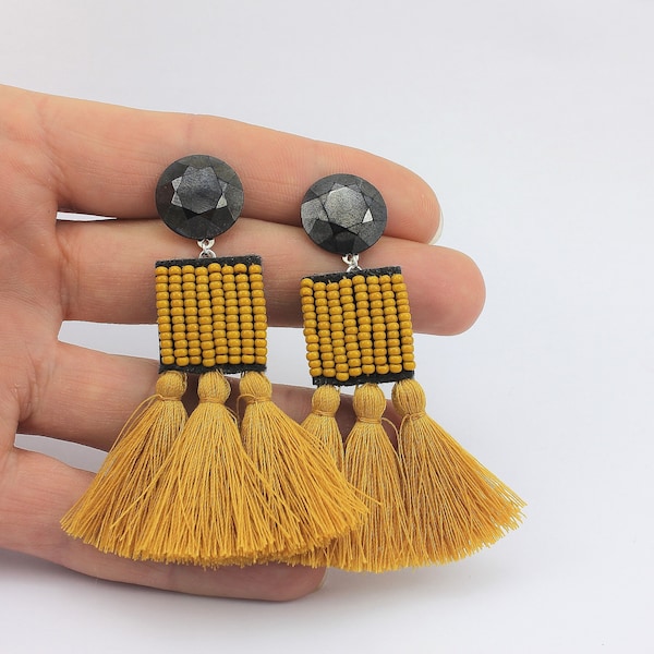 Mustard Tassel Earrings with Bead Embroidery, Vintage Table Cut Cabochons and Handmade Tassels, Handmade Jewelry by Detail London.