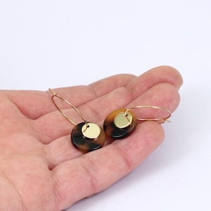 Minimalist Hoop Earrings with Tortoiseshell and Gold Plated Disc Pendants, Handmade Jewellery by Detail London.