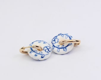 Delft Style Ceramic Bead Hoop Earrings, 17mm Gold Plated Chunky Hoop Earrings with Blue & White Floral Charm, Handmade by  Detail London.