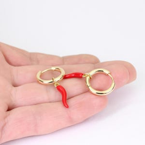 Red Italian Horn Charm Hoop Earrings: Gold Plated Brass, Handmade by Detail London.
