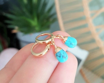 Turquoise Charm Huggie Hoops, 18K Gold Plated Brass Hoops with Tiny Imitation Turquoise Charms, Handmade by Detail London.