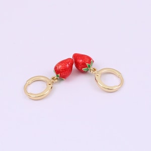 Strawberry Fruit Charm Huggie Hoop Earrings with Enamelled Fruit Charms, 18K Gold Plated, Handmade Earrings by Detail London.