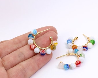 Millifiore Beaded Hoop Earrings, 30mm Gold Plated Hoop Stud Earrings with Colourful Wire Wrapped Beads, Handmade by Detail London.