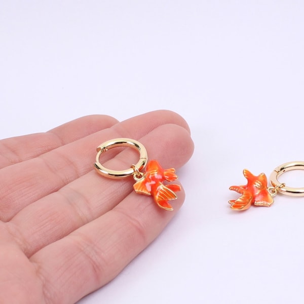 Gold Fish Hoop Earrings, 17mm 18K Gold Plated Chunky Hoops with 3D Orange Fish Charms, Handmade by Detail London.