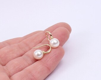 Minimalist Faux Pearl Drop Earrings, Simple 18K Gold Plated Brass Hook Earrings, 8mm Pearls, Handmade Every Day Earrings by Detail London.