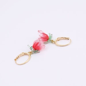 Flower Charm Earrings, 3D Acrylic Flowers and Leaves, 18K Gold Plated Brass Long Oval Lever Back Hoops, Handmade by Detail London.