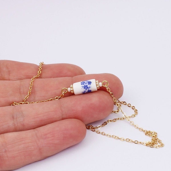 Vintage Style Ceramic Bead Charm Necklace, Dainty Ceramic Bead with Blue & White Delft Style Floral Design, Handmade by Detail London.