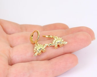 Gold Stegosaurus Earrings: 18K Plated Huggie Hoops, Handmade by Detail London.