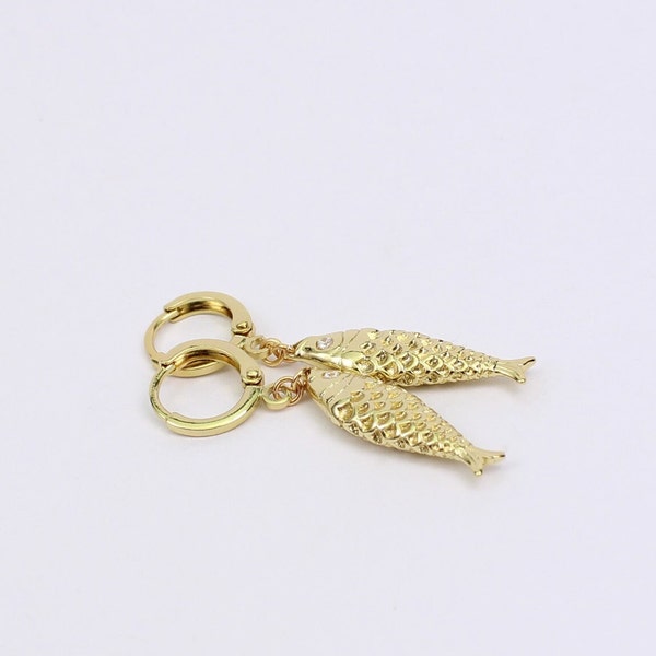 Fish Hoop Earrings, Gold Plated Brass Huggie Hoop Earrings with 3D Fish Charms, Handmade by Detail London.