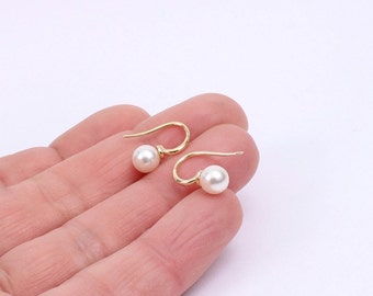 Minimalist Pearl Short Drop Earrings, Simple & Classic 18K Gold Plated Faux Pearl Earrings, 6mm Faux Pearls, Handmade by Detail London.