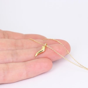 May include: A gold-coloured pendant necklace with a small, curved horn charm. The charm is smooth and shiny, suspended from a delicate gold chain. The necklace is displayed against a neutral background, highlighting the jewellery's design.