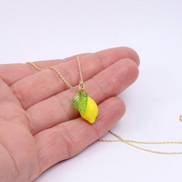 Lemon Fruit Charm Necklace, Glass Lemon Charm with Super Dainty Gold Plated Adjustable Chain, 18K Gold Plated, Handmade by Detail London.