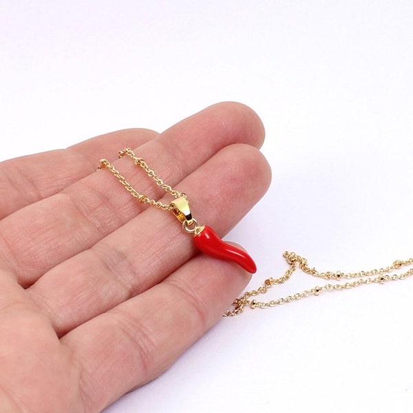 Lucky Horn Charm Necklace, Gold Plated Satelitte Necklace, Adjustable with Red Enamel Good Luck Horn Charm, Handmade by Detail London.