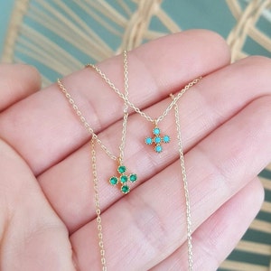 Dainty 18K Gold Cross Necklace: Emerald Green or Turquoise Charm, Handmade by Detail London.