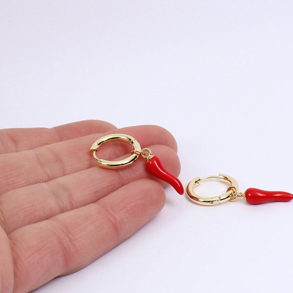 Chili Pepper Hoop Earrings, Chunky Gold Plated Hoops with Red Enamel Chili Charms, 17mm Hoops, Handmade by Detail London.