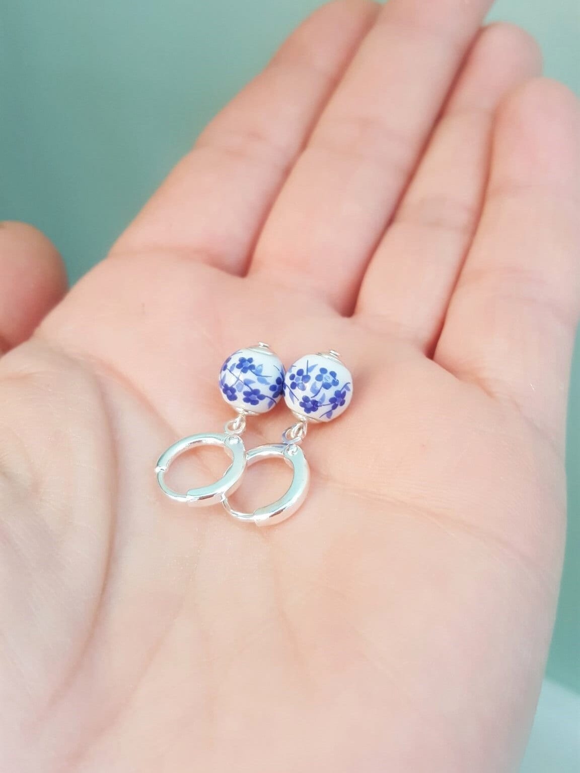 Blue & White Floral Ceramic Bead Charm Huggie Hoops, Choose 18K Gold Plated or Silver Plated, Handmade Hoop Earrings by Detail London.