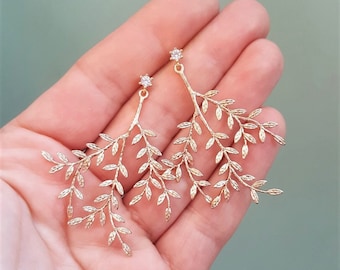 Gold Plated Branch Earrings with Cubic Zirconia Round Studs, Lightweight Botanical Earrings, Handamde by Detail London.