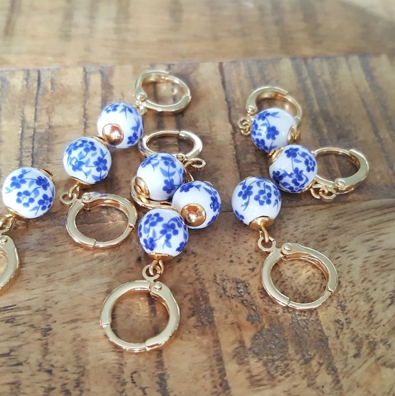 Blue & White Floral Ceramic Bead Charm Huggie Hoops, Choose 18K Gold Plated or Silver Plated, Handmade Hoop Earrings by Detail London. image 2