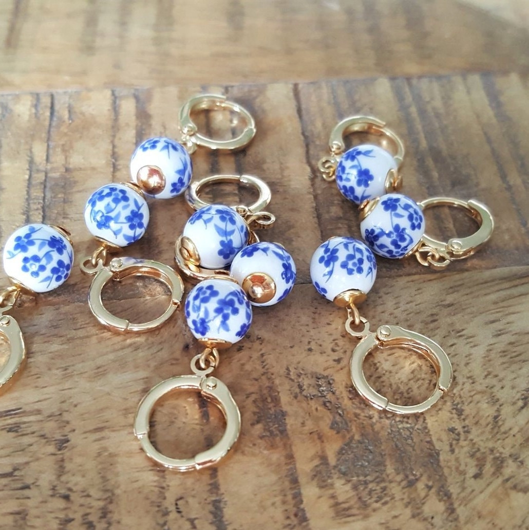 Blue & White Floral Ceramic Bead Charm Huggie Hoops, Choose 18K Gold Plated or Silver Plated, Handmade Hoop Earrings by Detail London.
