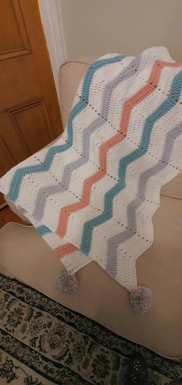 Zigzag crochet blanket with pom pom corners Etsy