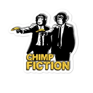 Chimp Fiction, Monkey in Suit Holding Banana - Bubble-Free Stickers, Laptop Sticker, Phone Sticker, Label or Sticker, FREE SHIPPING