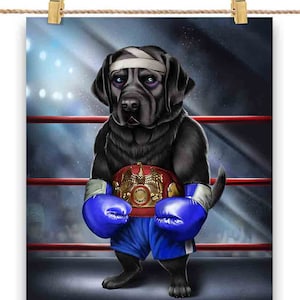 Champion de boxe labrador retriever noir, chien de combat - impression d'affiche, art mural, décoration d'intérieur et carte postale - PrintStarTee