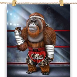 Orangs-outans en tant que combattant de Muay Thai Kickboxing - Impression d’affiche, art mural, décoration intérieure et carte postale - PrintStarTee