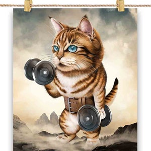 Chat tigré orange musculation musculation avec haltères - impression d'affiche, art mural, décoration d'intérieur et carte postale - PrintStarTee