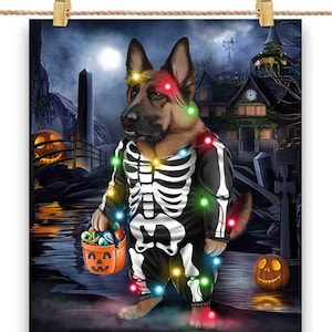 German Shepherd Dog in Skeleton Costume: Halloween Party Dress-Up - Poster Print, Wall Art, Home Decor, and Postcard - PrintStarTee