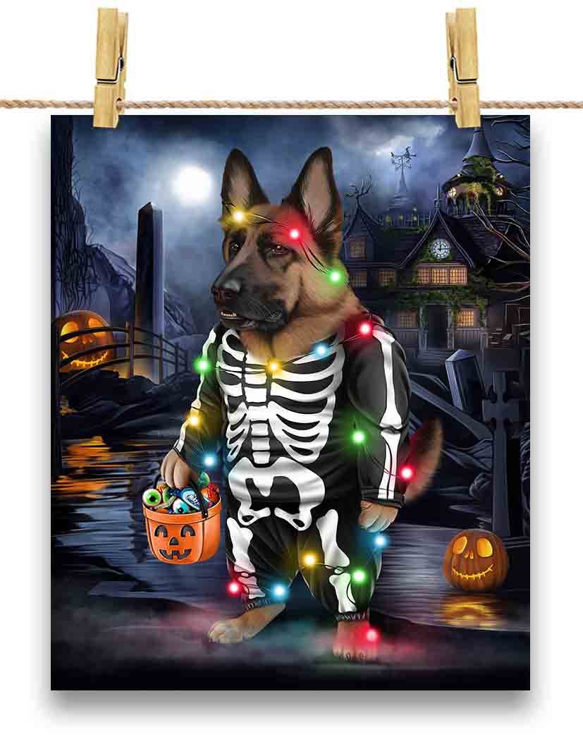 German Shepherd Dog in Skeleton Costume: Halloween Party Dress-Up - Poster Print, Wall Art, Home Decor, and Postcard - PrintStarTee