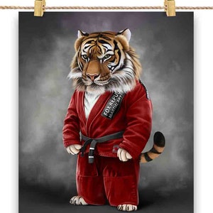 Artiste martial tigre en judogi rouge : judo et karaté - impression d'affiche, art mural, décoration d'intérieur et carte postale - PrintStarTee