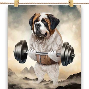 Chien Saint-Bernard entraînement musculaire haltérophilie - impression d'affiche, art mural, décoration d'intérieur et carte postale - PrintStarTee