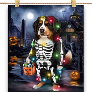Bouvier bernois en costume de squelette : déguisement de fête d'Halloween - impression d'affiche, art mural, décoration d'intérieur et carte postale - PrintStarTee
