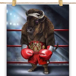 Bison Buffalo Bull en tant que champion de boxe Boxer MMA - Impression d’affiche, art mural, décoration intérieure et carte postale - PrintStarTee