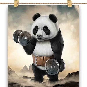 Levantamento de peso de treinamento muscular de panda gigante com halteres - impressão de pôster, arte de parede, decoração de casa e cartão postal - PrintStarTee
