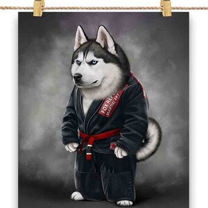 Artista marcial de cão Husky Siberiano em Judogi preto: Judô e Karatê - Impressão de pôster, arte de parede, decoração de casa e cartão postal - PrintStarTee