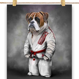 Artiste martial chien boxer en judogi blanc : judo et karaté - impression d'affiche, art mural, décoration d'intérieur et carte postale - PrintStarTee