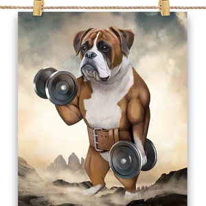 Boxer Dog Muscle Training Haltérophilie avec haltère - Impression d’affiche, Art mural, Décoration intérieure et Carte postale - PrintStarTee