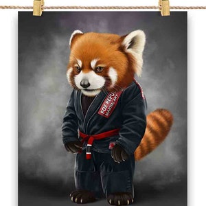 Artista marcial Panda Vermelho em Judogi Preto: Judô e Karatê - Impressão de pôster, arte de parede, decoração de casa e cartão postal - PrintStarTee