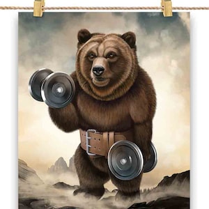 Grizzly Bear musculation musculation avec haltères - impression d'affiche, art mural, décoration d'intérieur et carte postale - PrintStarTee