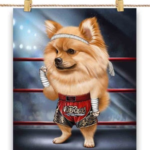 Chien de Poméranie orange en tant que combattant de Muay Thai Kickboxing - Impression d'affiche, art mural, décoration intérieure et carte postale - PrintStarTee