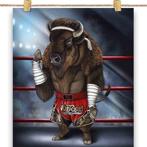 Bison Buffalo Bull en tant que champion de Muay Thai MMA - Poster, art mural, décoration d'intérieur et carte postale - PrintStarTee