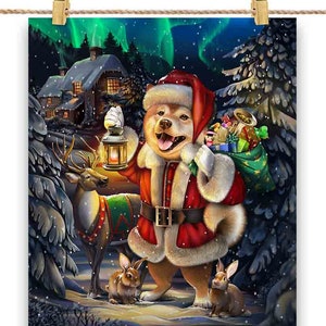 Santa Shiba Dog livrant des cadeaux la veille de Noël - Impression d'affiche, art mural, décoration d'intérieur et carte postale - PrintStarTee