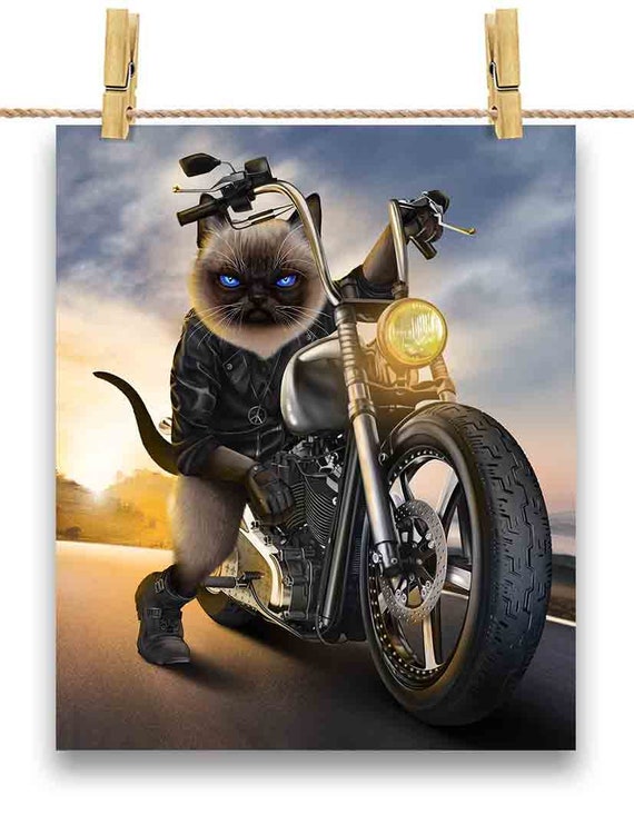 Biker Cat Riding Chopper Motorcycle Custom Poster Print Etsy