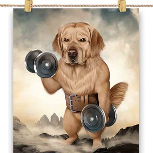 Chien monstre Golden Retriever portant des haltères exercice de fitness - impression d'affiche, art mural, décoration d'intérieur et carte postale - PrintStarTee