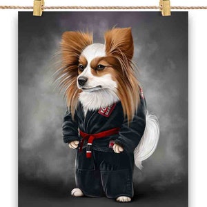 Papillon Dog Martial Artist in Black Judogi: Judo & Karate - Impression d'affiche, art mural, décoration intérieure et carte postale - PrintStarTee