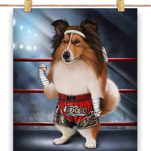 Sheltie Dog en tant que combattant de Muay Thai Kickboxing - Impression d’affiche, art mural, décoration intérieure et carte postale - PrintStarTee