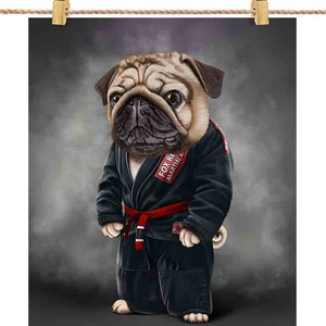 Artista marcial Pug Dog em Judogi preto: Judô e Karatê - Impressão de pôster, arte de parede, decoração de casa e cartão postal - PrintStarTee